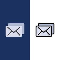 iconos de mensajes de correo de negocios planos y llenos de línea conjunto de iconos vector fondo azul