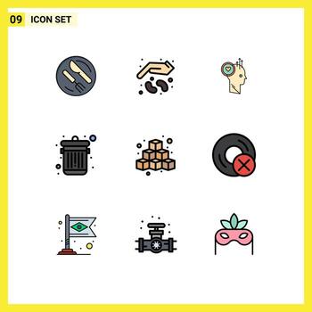 Editable Vector Line Pack of 9 Simple Filledline Flat Colors of cubes dustbin growth delete office Editable Vector Design Elements