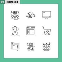 Modern Set of 9 Outlines Pictograph of person cloud mountain pc device Editable Vector Design Elements