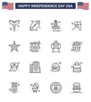 16 USA Line Pack of Independence Day Signs and Symbols of star men flower outdoor fire Editable USA Day Vector Design Elements