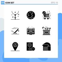 Pictogram Set of 9 Simple Solid Glyphs of skateboard riding web ride trolley Editable Vector Design Elements