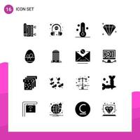 Pictogram Set of 16 Simple Solid Glyphs of egg jewel headphone diamond thermometer Editable Vector Design Elements