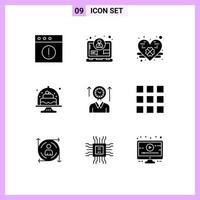 conjunto de 9 iconos de interfaz de usuario modernos símbolos signos para tiempo de usuario corazón plato pastel elementos de diseño vectorial editables vector