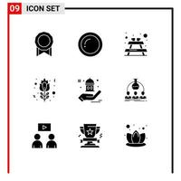 9 Thematic Vector Solid Glyphs and Editable Symbols of hand charity picnic mosque red rose Editable Vector Design Elements