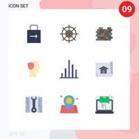 paquete de 9 signos y símbolos de colores planos modernos para medios de impresión web, como elementos de diseño de vectores editables de escudo masculino de construcción de usuarios analíticos