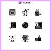 Set of 9 Commercial Solid Glyphs pack for router game seo ball vacation Editable Vector Design Elements