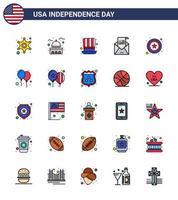 feliz día de la independencia 4 de julio conjunto de 25 líneas planas rellenas pictograma americano de correo saludo sobre blanco usa elementos de diseño vectorial editables del día de usa vector