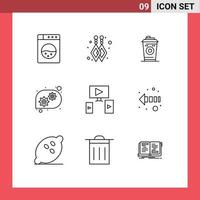 9 Thematic Vector Outlines and Editable Symbols of dessert direction gear arrow video Editable Vector Design Elements