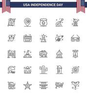 Big Pack of 25 USA Happy Independence Day USA Vector Lines and Editable Symbols of cola american sheild usa guiter Editable USA Day Vector Design Elements