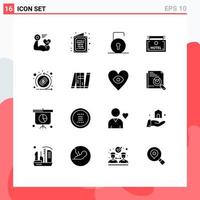 Set of 16 Commercial Solid Glyphs pack for coin board wish sign security Editable Vector Design Elements