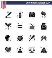 Editable Vector Solid Glyph Pack of USA Day 16 Simple Solid Glyphs of frankfurter american calender fly bloon Editable USA Day Vector Design Elements