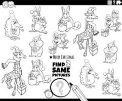 find two same cartoon animals with Christmas gifts coloring page vector