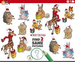 encuentra dos mismos personajes de animales de dibujos animados con regalos de navidad vector