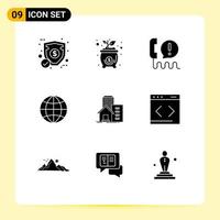 Pack of 9 creative Solid Glyphs of estate world call globe help Editable Vector Design Elements