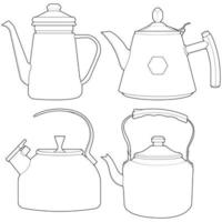 Set off Kettle line vector art. Teapot logo. Kettle with handle isolated on white background. Kettle in line art style vector.