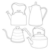 Set off Kettle line vector art. Teapot logo. Kettle with handle isolated on white background. Kettle in line art style vector.