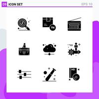 Editable Vector Line Pack of 9 Simple Solid Glyphs of documents business audio broadcasting briefcase vintage radio Editable Vector Design Elements