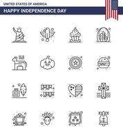 Happy Independence Day 4th July Set of 16 Lines American Pictograph of gate arch eagle thanksgiving muffin Editable USA Day Vector Design Elements