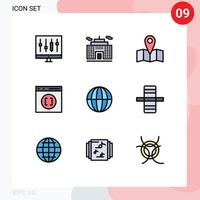 9 User Interface Filledline Flat Color Pack of modern Signs and Symbols of globe earth location development coding Editable Vector Design Elements