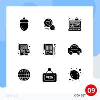 Set of 9 Vector Solid Glyphs on Grid for online order order romantic chat mobile shop Editable Vector Design Elements