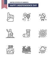 Set of 9 Vector Lines on 4th July USA Independence Day such as celebration statue america flag of landmarks Editable USA Day Vector Design Elements