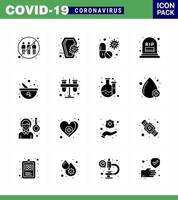 Coronavirus Prevention Set Icons 16 Solid Glyph Black icon such as grave medicine infection pill capsule viral coronavirus 2019nov disease Vector Design Elements