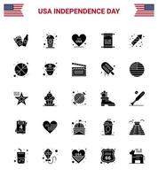 Happy Independence Day USA Pack of 25 Creative Solid Glyph of fireworks celebration love usa text Editable USA Day Vector Design Elements