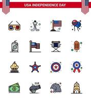 feliz día de la independencia 16 líneas planas rellenas paquete de iconos para web e imprimir cola país americano fly bloon elementos de diseño vectorial del día de estados unidos editables vector