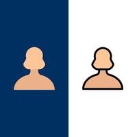 avatar chica persona usuario iconos plano y línea llena conjunto de iconos vector fondo azul