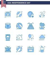 Set of 16 Vector Blues on 4th July USA Independence Day such as shield usa american sports baseball Editable USA Day Vector Design Elements