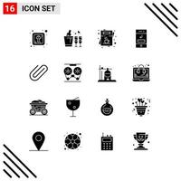 16 Universal Solid Glyph Signs Symbols of attachment phone coffee missed arrows Editable Vector Design Elements