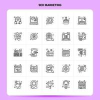 esquema 25 conjunto de iconos de marketing seo. conjunto de iconos negros de diseño de estilo de línea vectorial. paquete de pictogramas lineales. ilustración vectorial de diseño de ideas de negocios web y móviles. vector