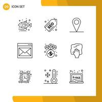 Group of 9 Outlines Signs and Symbols for management mail location email contact Editable Vector Design Elements