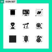 Set of 9 Modern UI Icons Symbols Signs for lyrics music node brightness achievement trophy Editable Vector Design Elements