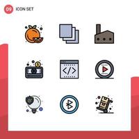 Editable Vector Line Pack of 9 Simple Filledline Flat Colors of video media player factory media nuclear plant Editable Vector Design Elements