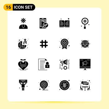 16 Universal Solid Glyphs Set for Web and Mobile Applications global gear security research read Editable Vector Design Elements