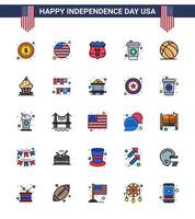 Paquete de 25 líneas planas llenas de estados unidos de signos y símbolos del día de la independencia de usa ball shield football cola elementos de diseño vectorial editables del día de estados unidos vector