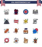 conjunto de 16 iconos del día de los ee.uu. símbolos americanos signos del día de la independencia para el punto de referencia de los ee.uu. puente dorado de los ee.uu. vector