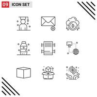 Editable Vector Line Pack of 9 Simple Outlines of rack food cloud drink currency Editable Vector Design Elements