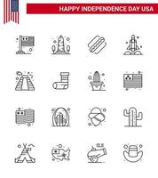 16 signos de línea de estados unidos celebración del día de la independencia símbolos de estados unidos nave espacial washington cohete estados elementos de diseño de vector de día de estados unidos editables