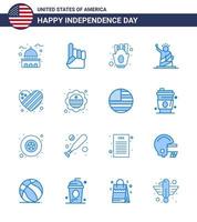 Set of 16 Vector Blues on 4th July USA Independence Day such as usa of american liberty food Editable USA Day Vector Design Elements