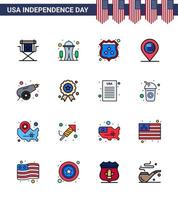 4 de julio estados unidos feliz día de la independencia icono símbolos grupo de 16 líneas planas modernas llenas de ejército mapa espacio ubicación policía editable día de estados unidos elementos de diseño vectorial vector