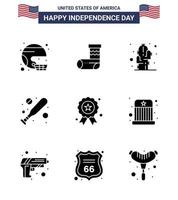 9 Solid Glyph Signs for USA Independence Day holiday bat festivity baseball plant Editable USA Day Vector Design Elements