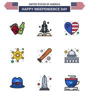 4th July USA Happy Independence Day Icon Symbols Group of 9 Modern Flat Filled Lines of baseball police sign heart star men Editable USA Day Vector Design Elements