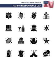 feliz día de la independencia 4 de julio conjunto de 16 glifos sólidos pictografía americana de chips de sombrero americano iglesia elementos de diseño de vector de día de estados unidos editables americanos