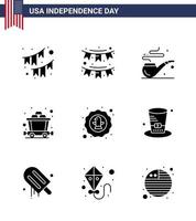 Modern Set of 9 Solid Glyphs and symbols on USA Independence Day such as hat badge cart eagle bird Editable USA Day Vector Design Elements