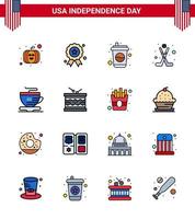 Pack of 16 creative USA Independence Day related Flat Filled Lines of coffee tea cola sport hokey Editable USA Day Vector Design Elements