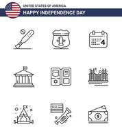 Pack of 9 USA Independence Day Celebration Lines Signs and 4th July Symbols such as book american security flag american Editable USA Day Vector Design Elements