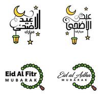 conjunto de 4 vectores eid mubarak feliz eid para ti en estilo de caligrafía árabe escritura rizada con estrellas lámpara luna