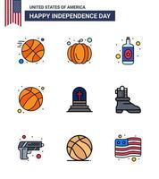 Happy Independence Day USA Pack of 9 Creative Flat Filled Lines of shose gravestone wine grave usa Editable USA Day Vector Design Elements